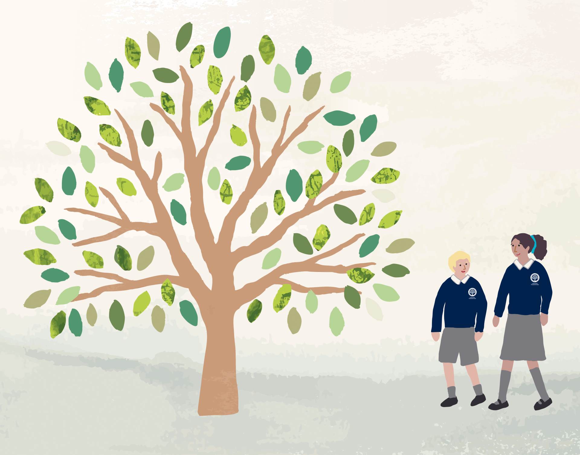 Illustration of a boy and a girl standing next to a tree.