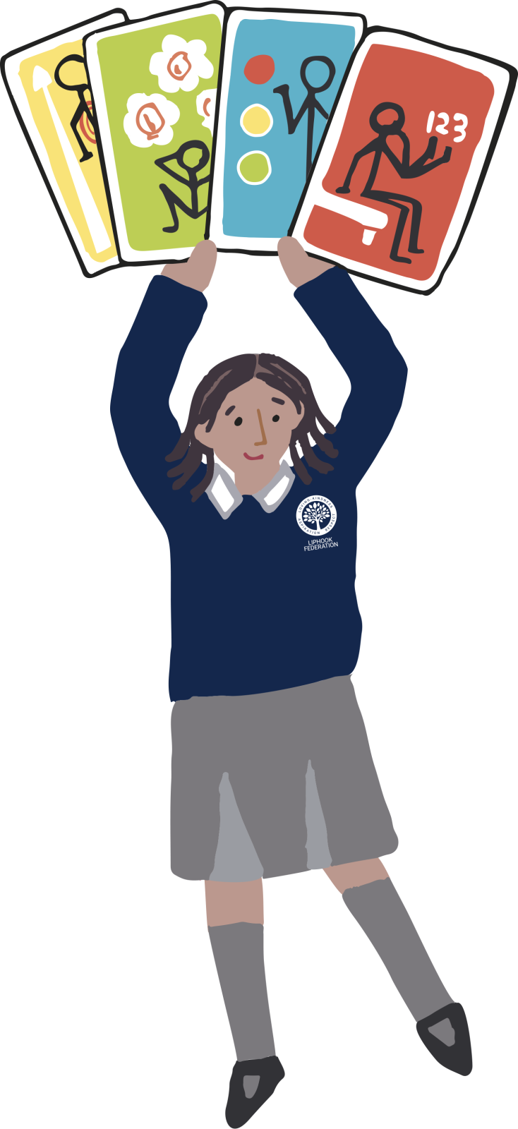 A girl in school uniform holding Trick Box cards